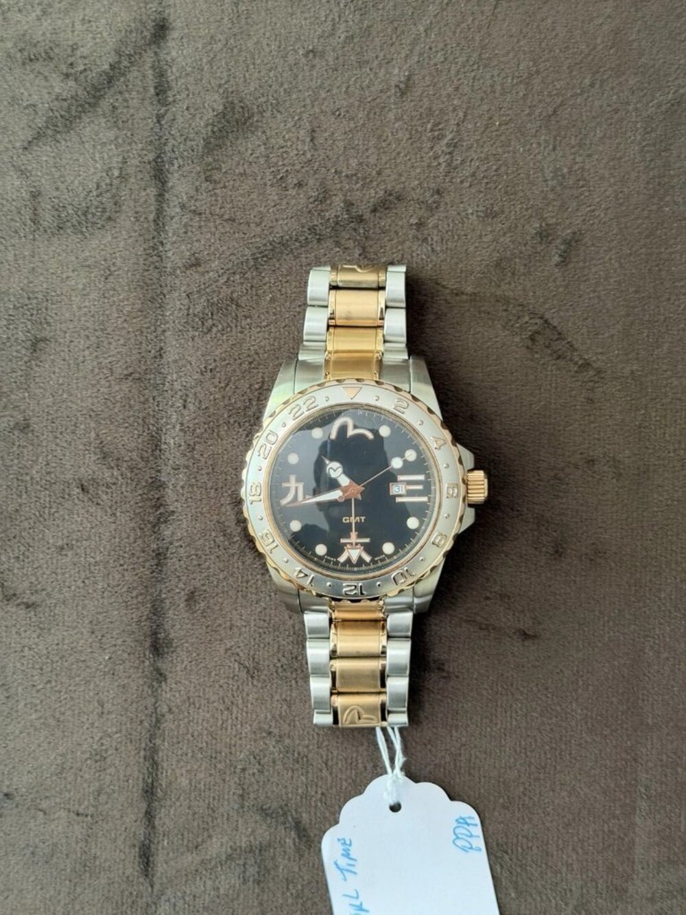 Evisu GMT Quartz Two-Tone Stainless Bracelet Watch Black Dial Date 100M